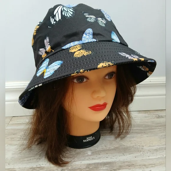 Black Butterfly Print Women's Bucket Hat Cotton One Size - Picture 2 of 10
